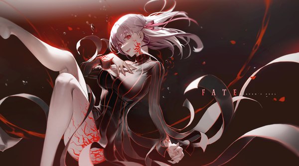 Anime picture 4096x2278 with fate (series) fate/stay night heaven's feel matou sakura dark sakura shycocoa single long hair looking at viewer highres breasts open mouth light erotic smile red eyes wide image large breasts absurdres bent knee (knees) long sleeves