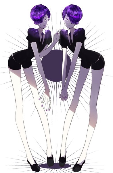 Anime picture 1540x2350 with houseki no kuni amethyst (houseki no kuni) kayanogura tall image looking at viewer fringe short hair white background purple eyes purple hair full body nail polish hair over one eye leaning leaning forward puffy sleeves siblings hands clasped twins androgynous