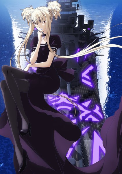 Anime picture 1378x1960 with aoki hagane no arpeggio kongou (aoki hagane no arpeggio) single long hair tall image looking at viewer blonde hair red eyes sitting crossed legs girl dress pantyhose choker black pantyhose sea watercraft ship