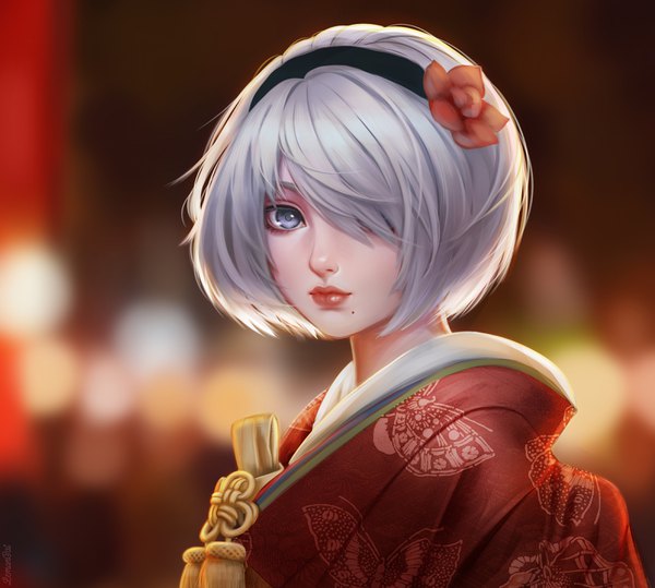 Anime picture 3170x2852 with nier nier:automata yorha no. 2 type b lemon cat single looking at viewer fringe highres short hair blue eyes absurdres silver hair traditional clothes japanese clothes hair flower hair over one eye realistic mole portrait mole under mouth