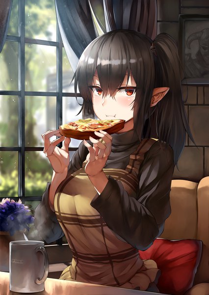 Anime-Bild 852x1200 mit original belko single long hair tall image looking at viewer blush fringe breasts black hair hair between eyes sitting holding brown eyes payot indoors long sleeves pointy ears side ponytail eating