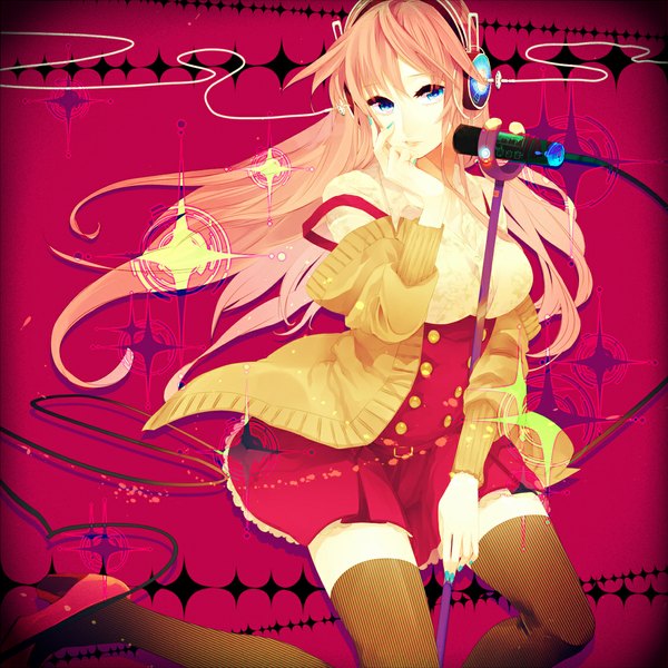 Anime picture 1125x1125 with vocaloid megurine luka kyama single long hair looking at viewer blue eyes pink hair girl thighhighs dress headphones microphone stand