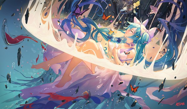 Anime picture 1920x1123 with vocaloid hatsune miku atdan single highres wide image twintails eyes closed very long hair aqua hair girl dress bow hair bow water white dress insect butterfly