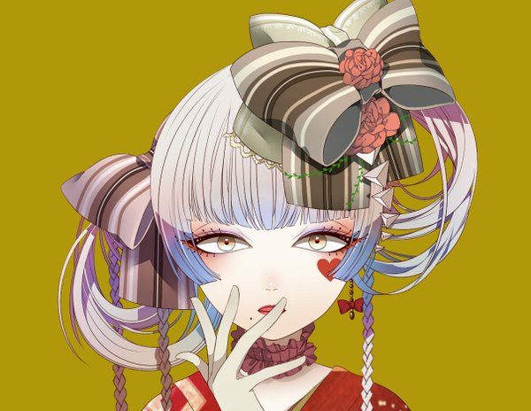 Anime picture 1209x936 with original hata single long hair looking at viewer fringe open mouth simple background green eyes braid (braids) multicolored hair mole lipstick finger to mouth striped face eyeshadow mole under mouth face paint girl