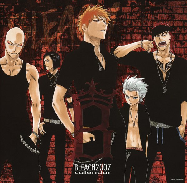 Anime picture 1532x1500 with bleach studio pierrot kurosaki ichigo hitsugaya toushirou abarai renji madarame ikkaku kubo tite looking at viewer short hair open mouth black hair simple background standing brown eyes green eyes silver hair white hair red hair orange hair open clothes