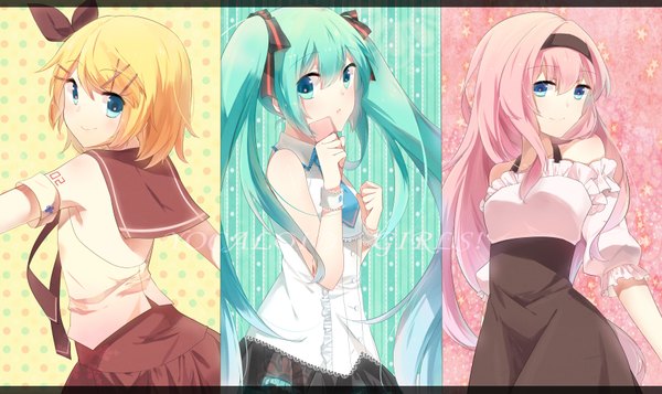 Anime picture 1800x1071 with vocaloid hatsune miku megurine luka kagamine rin moca (p0ckylo) long hair looking at viewer highres short hair blue eyes blonde hair smile wide image twintails bare shoulders multiple girls pink hair aqua eyes aqua hair multiview