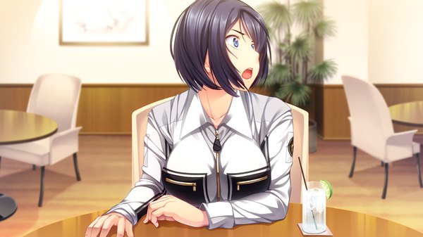 Anime picture 1280x720 with sousei kitan aerial kudou ryouko short hair open mouth blue eyes black hair wide image game cg looking back girl