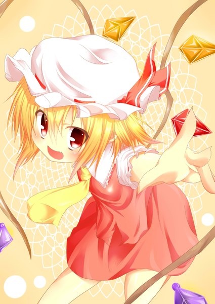 Anime picture 2477x3500 with touhou flandre scarlet wakagi repa single tall image blush highres short hair open mouth blonde hair red eyes teeth fang (fangs) girl wings bonnet crystal ascot