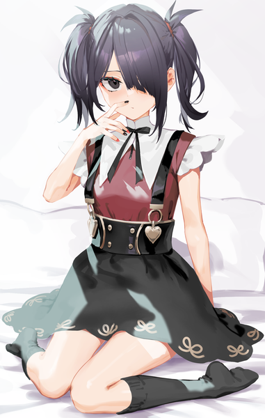 Anime picture 1430x2254 with needy girl overdose ame-chan (needy girl overdose) xkirara39x single tall image looking at viewer fringe short hair black hair sitting twintails nail polish black eyes hair over one eye wariza short twintails girl skirt socks black skirt