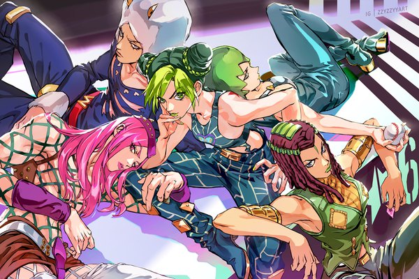Anime picture 1377x918 with jojo no kimyou na bouken kujo jolyne narciso anasui weather report foo fighters ermes costello zzyzzyy long hair looking at viewer short hair brown hair sitting multiple girls green eyes signed pink hair lying pink eyes multicolored hair green hair