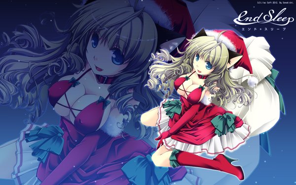 Anime picture 1920x1200 with end sleep sonokichi long hair highres breasts blue eyes light erotic blonde hair wide image animal ears cat ears christmas zoom layer merry christmas girl dress gloves bow elbow gloves santa claus hat