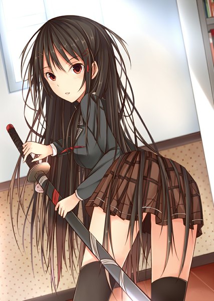 Anime picture 807x1133 with original kanpyo (hghgkenfany) single long hair tall image looking at viewer blush fringe short hair open mouth light erotic red eyes brown hair pleated skirt looking back girl thighhighs skirt uniform weapon