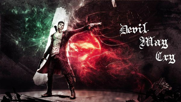 Anime picture 1920x1080 with devil may cry dante (devil may cry) single highres short hair black hair wide image holding inscription dual wielding boy weapon sword gun pants cloak pistol