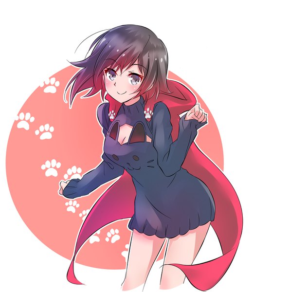 Anime picture 2000x2022 with rwby rooster teeth ruby rose iesupa single tall image looking at viewer highres short hair black hair simple background smile white background red hair leaning leaning forward sleeves past wrists gradient hair cleavage cutout red background