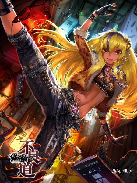 Anime picture 1200x1600 with original observerz long hair tall image looking at viewer open mouth blonde hair multicolored hair two-tone hair midriff orange eyes streaked hair girl gloves navel hair ornament fingerless gloves beads jeans