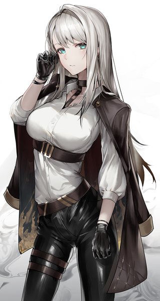 Anime-Bild 1722x3238 mit original hiyaori (hiyahiyaval) single long hair tall image looking at viewer highres simple background standing white background silver hair aqua eyes skindentation open collar clothes on shoulders underbust girl gloves shirt black gloves