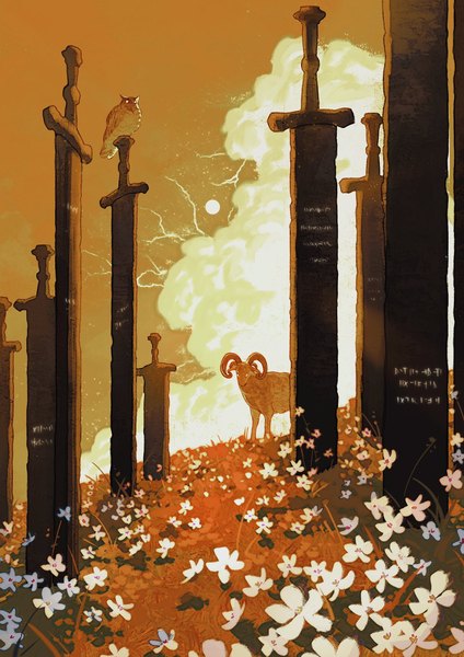 Аниме картинка 1448x2048 с elden ring la bo chu shi высокое изображение без людей живописный цветок (цветы) животное птица (птицы) цветочное поле сова могила надгробная плита козёл