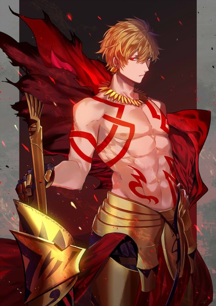Anime picture 2000x2828 with fate (series) fate/grand order gilgamesh (fate) tarao (13raven) single tall image looking at viewer fringe highres short hair blonde hair hair between eyes red eyes standing holding arm up tattoo hand on hip piercing ear piercing