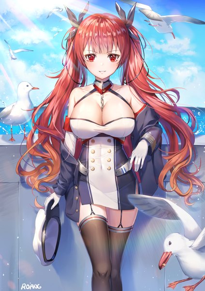 Anime picture 700x990 with azur lane honolulu (azur lane) roang single long hair tall image looking at viewer blush fringe breasts light erotic smile red eyes large breasts standing twintails bare shoulders holding signed sky