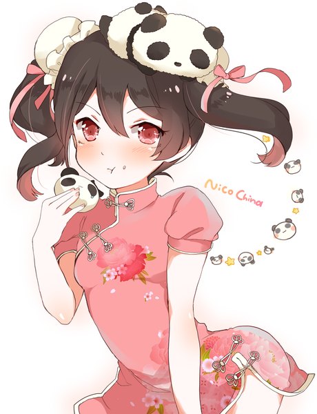 Anime picture 805x1050 with love live! school idol project sunrise (studio) love live! yazawa nico purin (purin0) single tall image looking at viewer blush fringe light erotic black hair simple background hair between eyes red eyes white background twintails nail polish traditional clothes fingernails