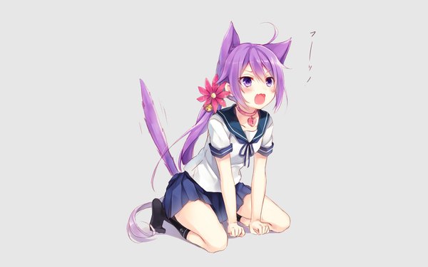 Anime picture 1920x1200 with kantai collection akebono destroyer toosaka asagi assassinwarrior single long hair blush fringe highres open mouth simple background purple eyes animal ears looking away purple hair full body ahoge tail animal tail hair flower