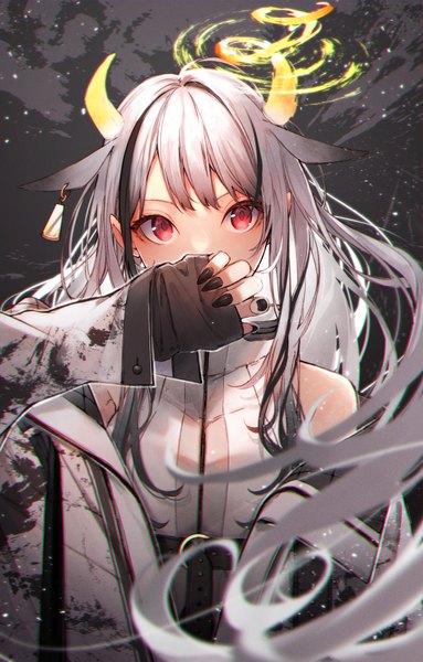 Anime picture 1500x2351 with original kuwashima rein single long hair tall image looking at viewer fringe red eyes animal ears silver hair upper body long sleeves nail polish multicolored hair arm up horn (horns) fingernails off shoulder open jacket two-tone hair
