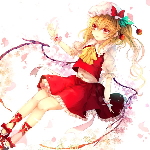 Anime picture 1600x1600 with touhou flandre scarlet renkarua single looking at viewer short hair blonde hair smile white background one side up girl dress skirt bow petals wings food frills bonnet skirt set