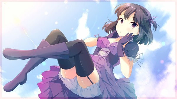 Anime picture 1920x1080 with original mimura zaja single looking at viewer blush fringe highres short hair black hair wide image purple eyes sky cleavage cloud (clouds) full body bent knee (knees) :o one side up crossed legs border