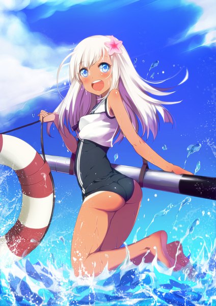 Anime picture 1300x1838 with kantai collection ro-500 submarine bba1985 single long hair tall image looking at viewer blush highres open mouth blue eyes light erotic smile sky cloud (clouds) full body bent knee (knees) ass white hair :d