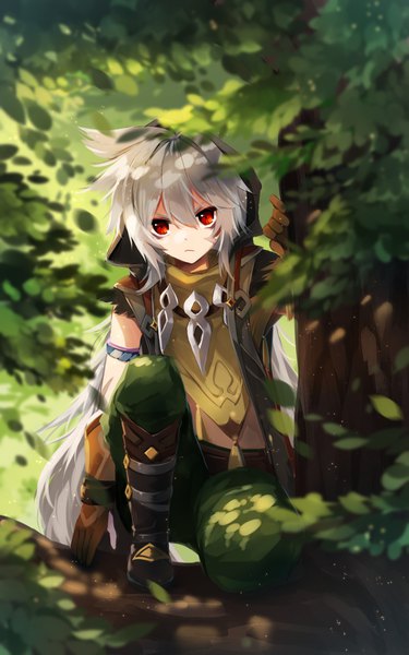 Anime picture 1200x1920 with genshin impact razor (genshin impact) malmaron single long hair tall image looking at viewer fringe hair between eyes red eyes outdoors grey hair scar serious boy plant (plants) tree (trees)