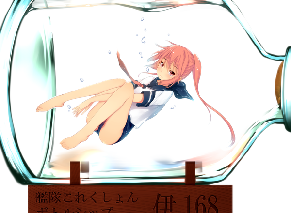 Anime picture 1200x880 with kantai collection i-168 submarine kiyomin single long hair looking at viewer blush fringe light erotic bent knee (knees) ponytail pink eyes barefoot orange hair bare legs character names underwater minigirl in bottle girl
