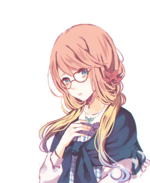 Anime picture 1008x1229 with vocaloid voiceroid haruno sora tamagoyaki (megane-daisuki) single long hair tall image looking at viewer blush fringe blue eyes simple background hair between eyes white background upper body long sleeves parted lips head tilt orange hair hand on chest
