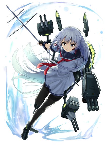 イラスト 700x989 と 艦隊これくしょん 叢雲(艦これ) 竹森真太郎 ソロ 長身像 カメラ目線 前髪 simple background 笑顔 赤い目 白背景 銀髪 全身 very long hair outstretched arm tress ribbon >:) 女の子 手袋 制服