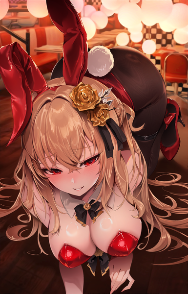Anime picture 1340x2088 with original zerocat single long hair tall image blush fringe breasts light erotic blonde hair hair between eyes red eyes large breasts animal ears looking away indoors tail parted lips animal tail hair flower