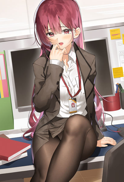 Anime picture 1200x1754 with original ran s200 single long hair tall image looking at viewer blush fringe open mouth light erotic hair between eyes red eyes payot bent knee (knees) red hair indoors long sleeves arm support shadow pantyshot