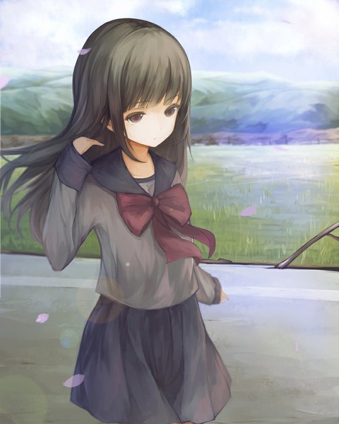 Anime picture 800x1000 with original somma single long hair tall image black hair brown eyes cloud (clouds) mountain girl skirt uniform school uniform petals