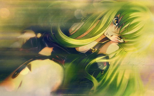 Anime picture 1920x1200 with code geass sunrise (studio) c.c. single blush highres light erotic wide image bare shoulders yellow eyes green hair girl