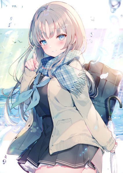Anime picture 2498x3528 with original kat (bu-kunn) single long hair tall image looking at viewer blush fringe highres blue eyes smile standing holding sky outdoors blunt bangs long sleeves nail polish parted lips pleated skirt