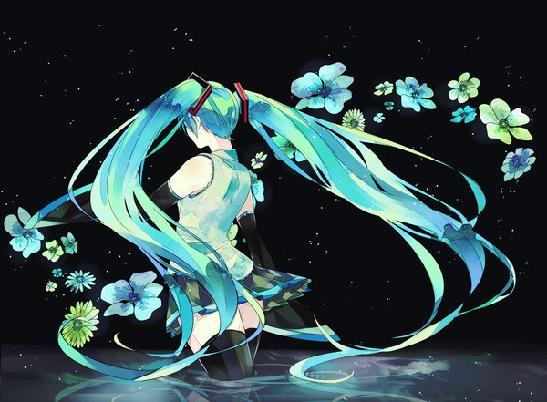 Anime picture 2200x1620 with vocaloid hatsune miku fukuta (artist) single highres twintails bare shoulders very long hair from behind aqua hair partially submerged back girl thighhighs skirt flower (flowers) black thighhighs detached sleeves miniskirt