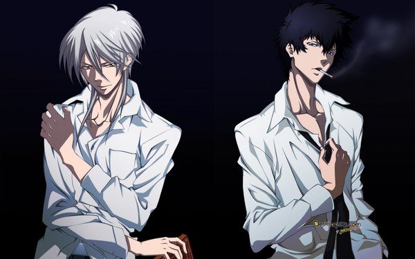Anime picture 1920x1200 with psycho-pass production i.g kougami shin'ya shougo makishima looking at viewer highres short hair white background brown eyes silver hair multiple boys open shirt black background dark background smoking hand on shoulder adjusting necktie boy shirt necktie