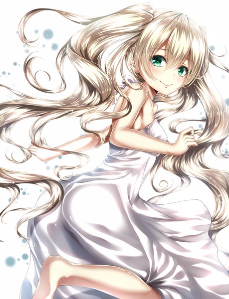 Anime picture 1530x2000 with kekkai sensen studio bones white (kekkai sensen) yuuki suzu (suzuk yuki) single tall image blush fringe blonde hair twintails bare shoulders green eyes bent knee (knees) very long hair looking back barefoot bare legs :> girl dress