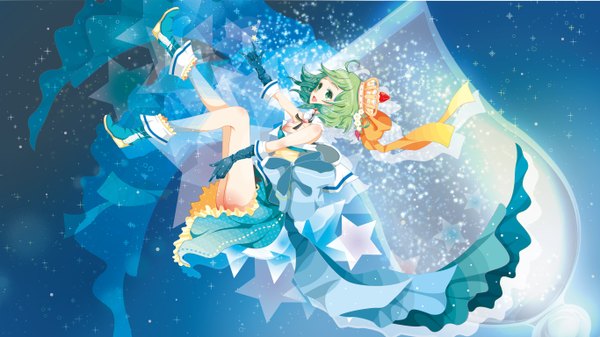 Anime picture 1366x768 with vocaloid gumi youshiki (mokomokohituji) single looking at viewer blush short hair open mouth smile wide image bare shoulders green eyes cleavage green hair turning head blue background girl dress gloves hair ornament