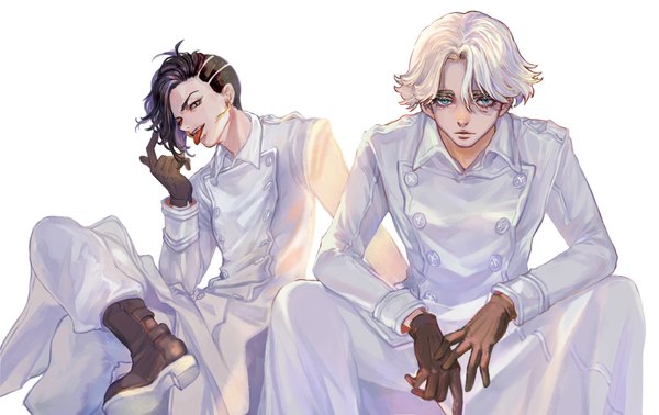 Anime picture 2650x1668 with tokyo revengers inui seishu kokonoi hajime cynic0 looking at viewer highres short hair blue eyes black hair simple background white background sitting white hair multiple boys boy gloves tongue 2 boys