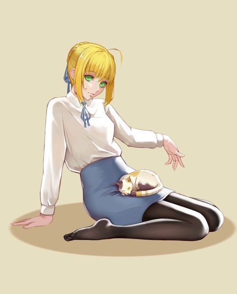 Anime picture 3543x4393 with fate (series) fate/stay night artoria pendragon (all) saber zhano kun single tall image looking at viewer fringe highres short hair simple background blonde hair sitting green eyes absurdres full body ahoge no shoes wariza