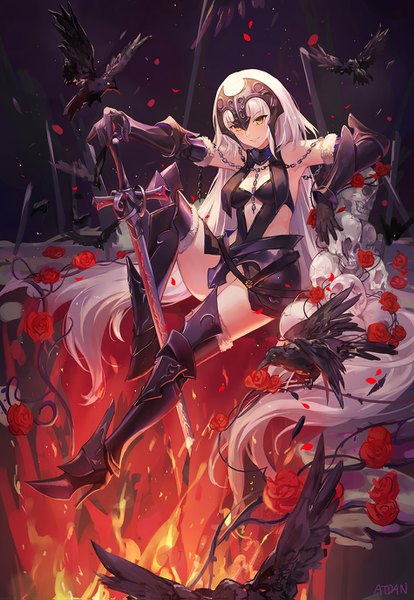 Anime picture 950x1375 with fate (series) fate/grand order fate/apocrypha jeanne d'arc (fate) (all) jeanne d'arc alter (fate) jeanne d'arc alter (avenger) (third ascension) (fate) atdan single tall image looking at viewer light erotic smile sitting bare shoulders holding signed yellow eyes very long hair head tilt bare legs