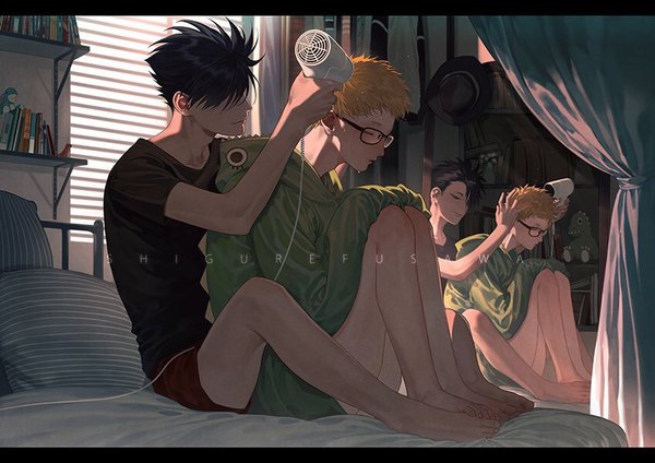 Anime picture 850x601 with haikyuu!! production i.g tsukishima kei kuroo tetsurou torinmo short hair black hair smile sitting holding bent knee (knees) eyes closed head tilt barefoot multiple boys bare legs reflection letterboxed shounen ai spiked hair