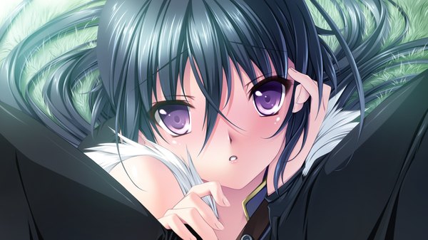 Anime picture 1280x720 with hyakka ryouran elixir senomoto hisashi long hair blush black hair wide image purple eyes game cg girl dress