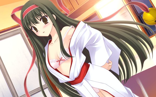 Anime picture 1024x640 with prism magical (game) long hair blush light erotic black hair wide image brown eyes game cg pantyshot girl