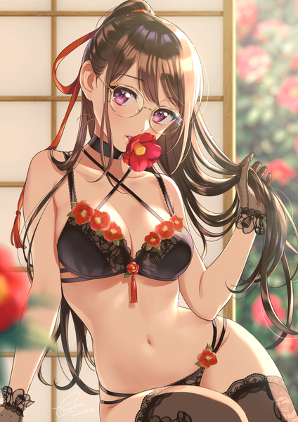 Anime picture 1157x1637 with original morikura en single long hair tall image looking at viewer blush fringe breasts light erotic brown hair large breasts sitting purple eyes holding signed ponytail parted lips head tilt blurry