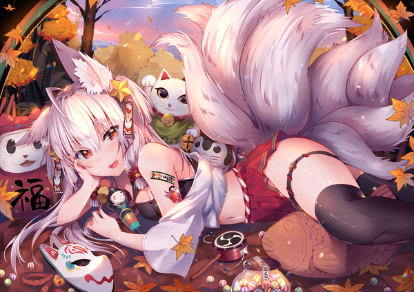 Anime picture 1500x1061 with original usagihime single long hair blush fringe breasts open mouth smile hair between eyes red eyes bare shoulders holding animal ears sky silver hair cloud (clouds) ahoge outdoors tail